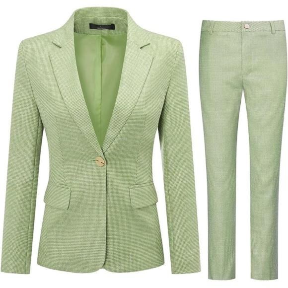 Women's 2 Piece Office Work Suit Set One Button Blazer and Pants, Green-glitter